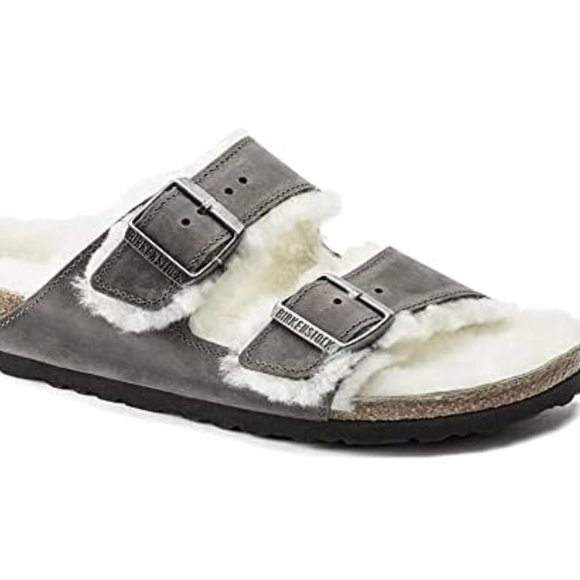 NWB! Birkenstock Men\'s Arizona Shearling Sandals, Iron/Natural, Grey, Tan,  8 US main image 7